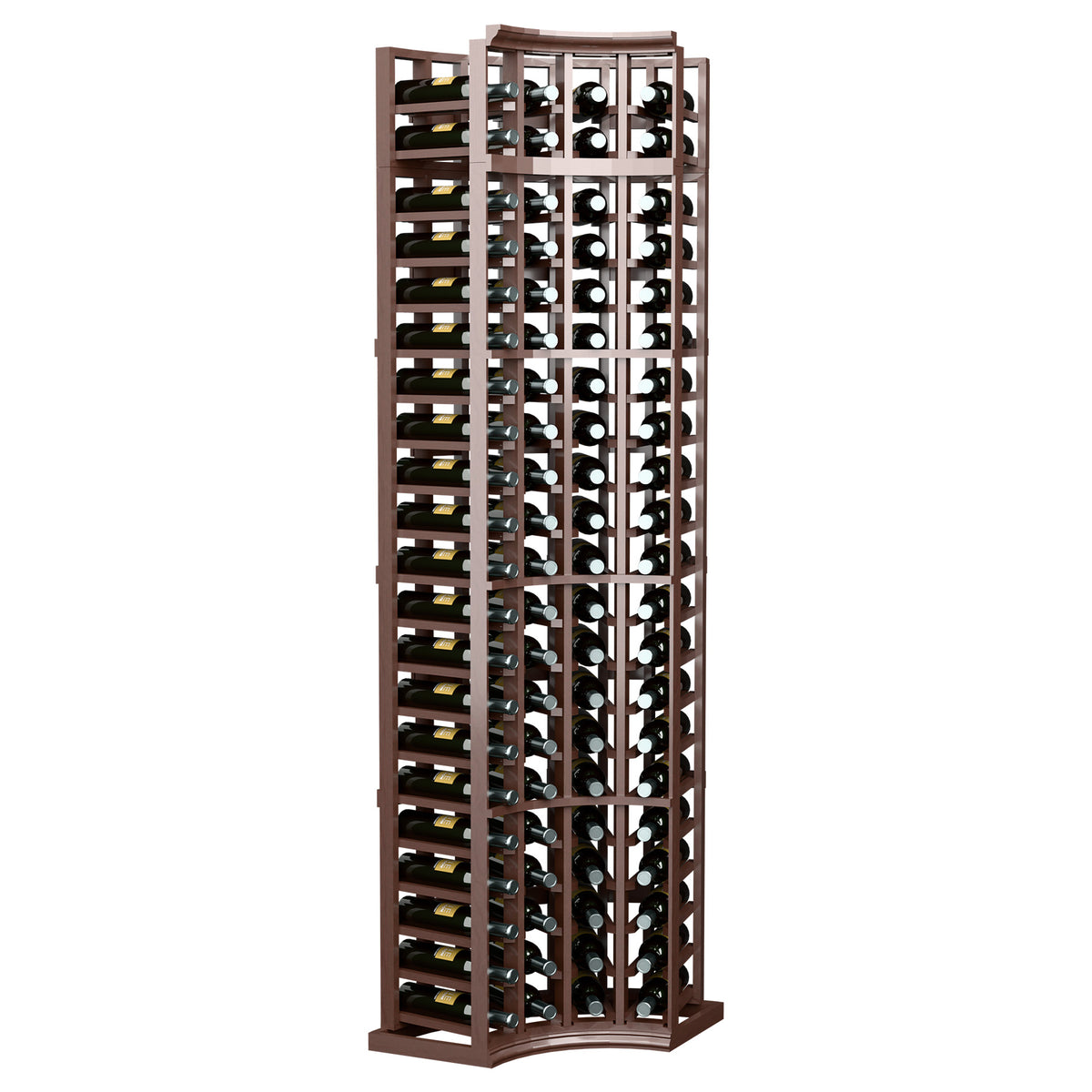 4-column curved corner wine rack with bottle slots, dark wood frame in angled view