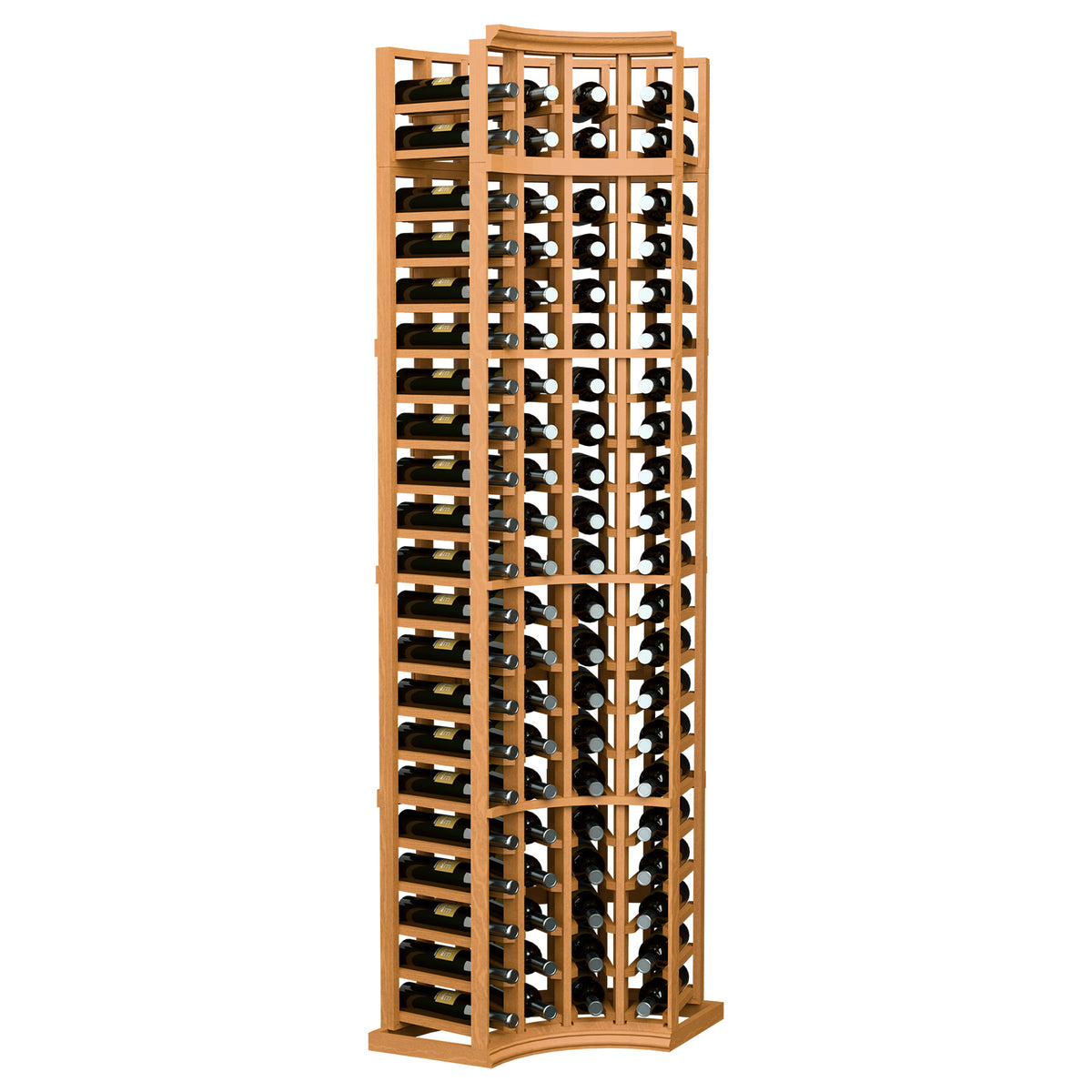 4-column curved corner wine rack with bottle slots, warm wood frame and curved base