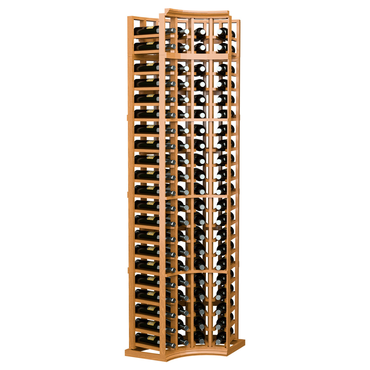 4-column curved corner wine rack with bottle slots, warm wood frame in angled view