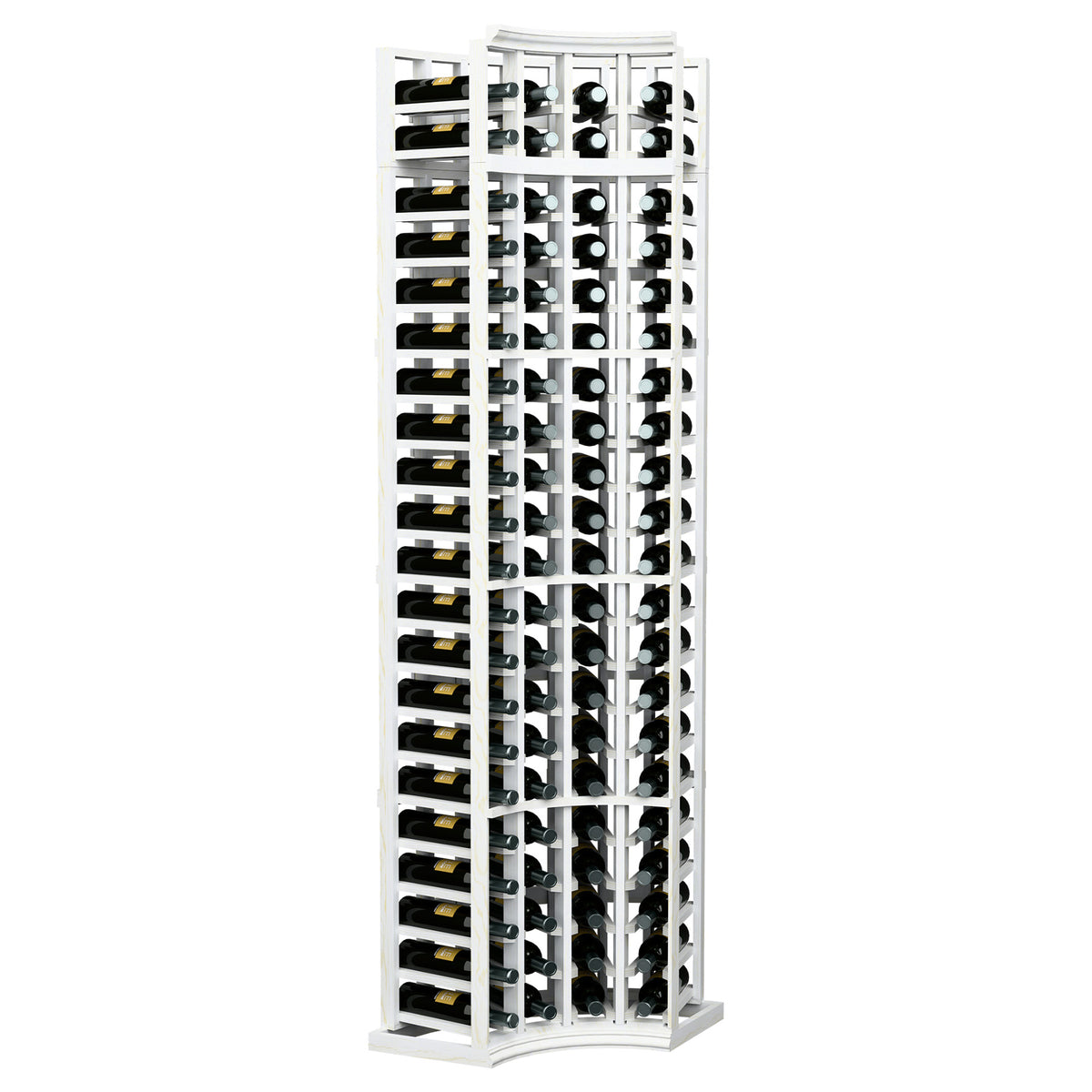 4-column curved corner wine rack with bottle slots, white wood frame and curved corner