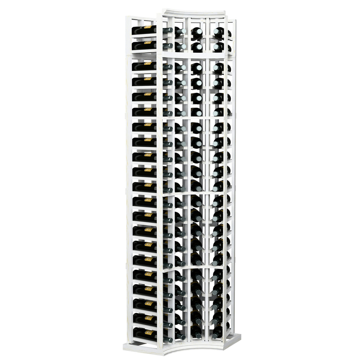 4-column curved corner wine rack with bottle slots, white wood frame in angled view