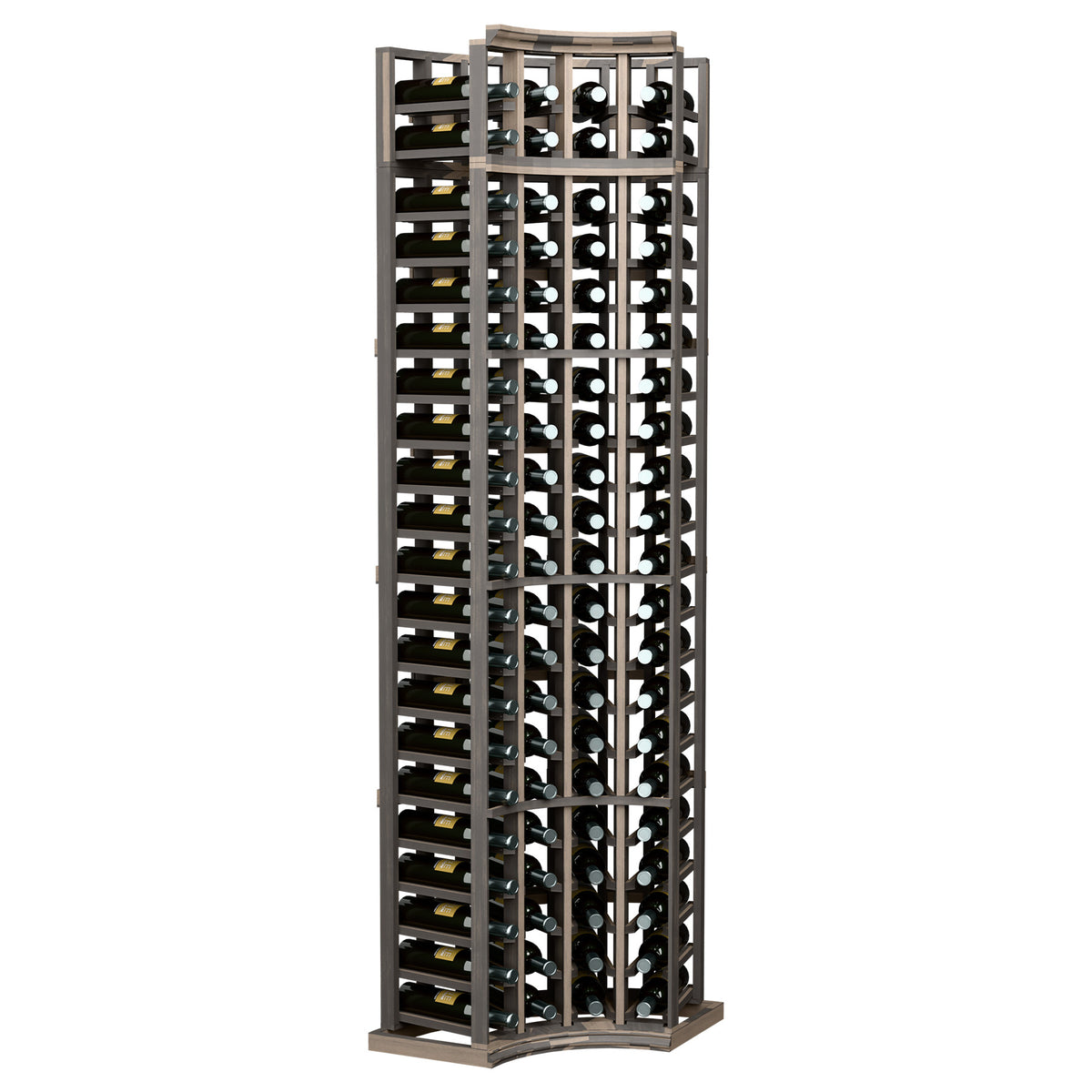 4-column curved-corner wine rack in dark wood with metal bottle holders