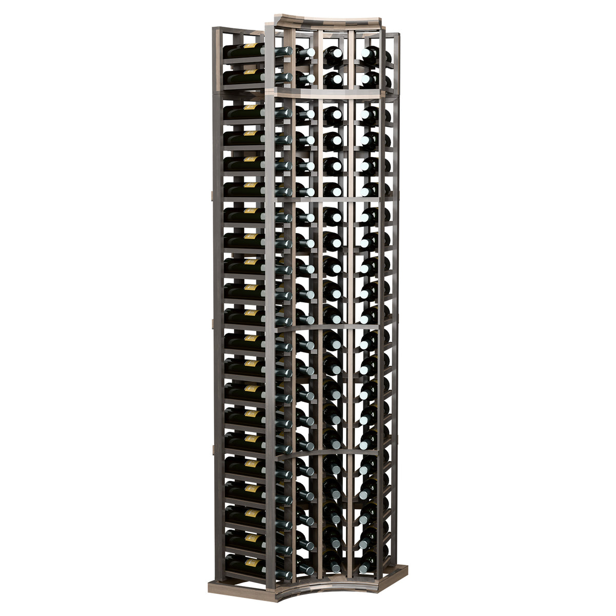4-column curved-corner wine rack in dark wood with black metal bottle grid