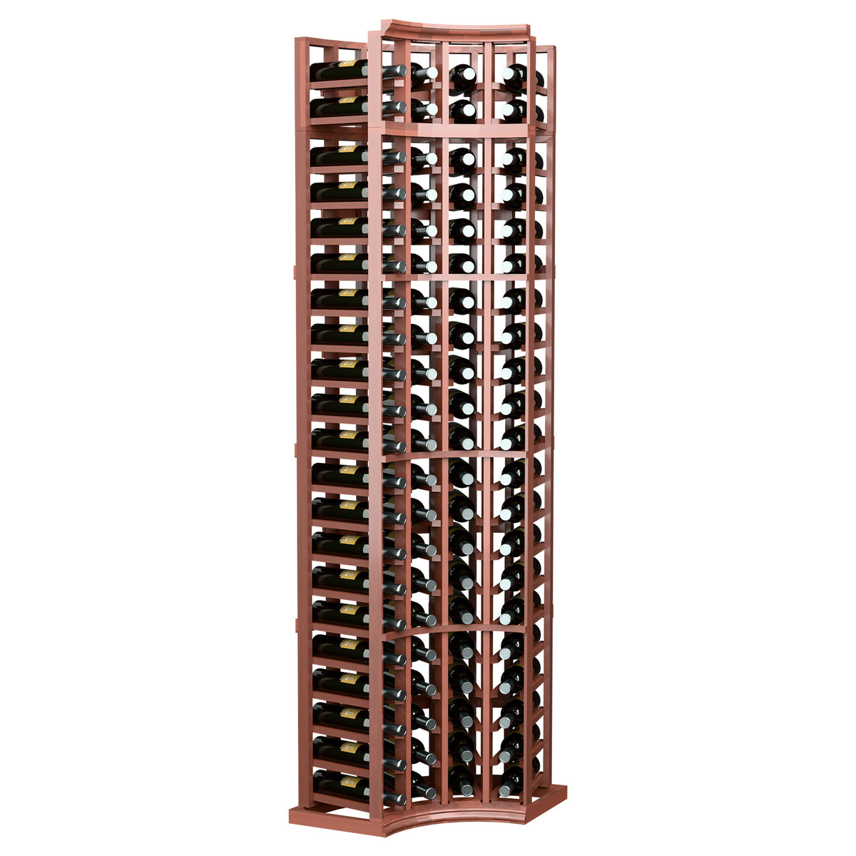 4-column curved-corner wine rack in reddish wood with bottle slots and black grid