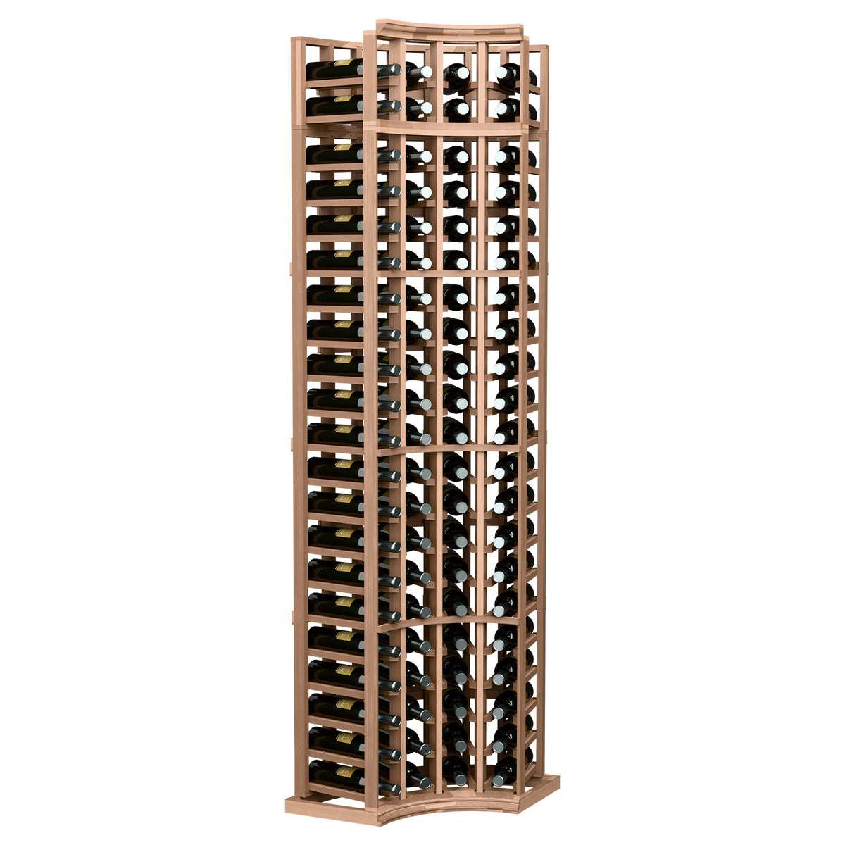 4-column curved-corner wine rack in light natural wood with black metal bottle holders