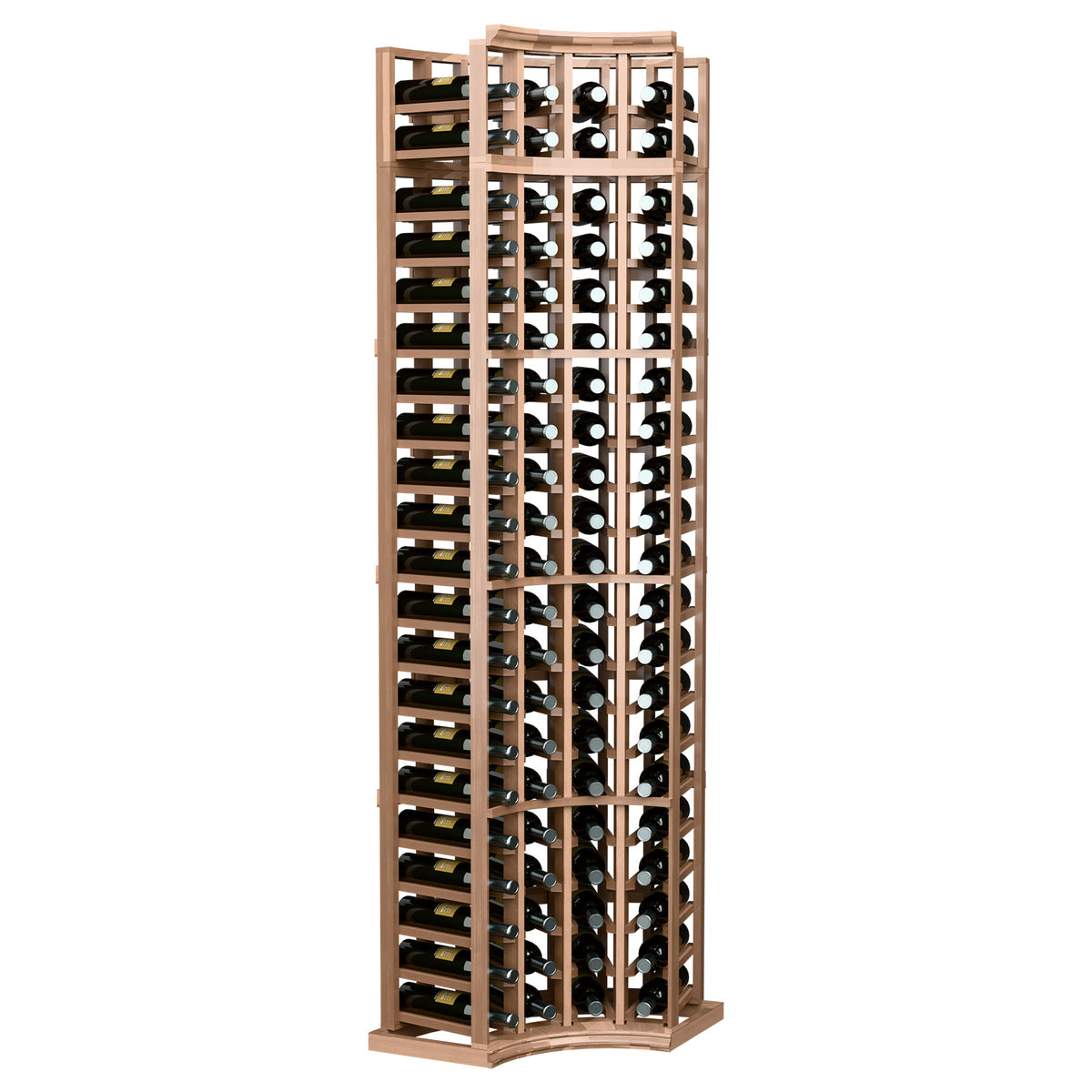4-column curved-corner wine rack in light natural wood with metal wine-bottle grid