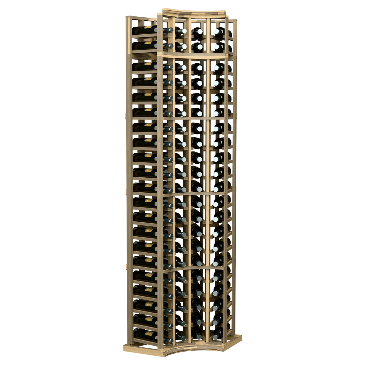 4-column curved-corner wine rack in pale light wood with black metal bottle holders