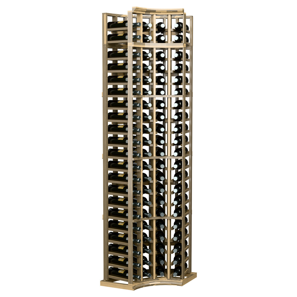 4-column curved-corner wine rack in pale light wood with bottle slots and black grid