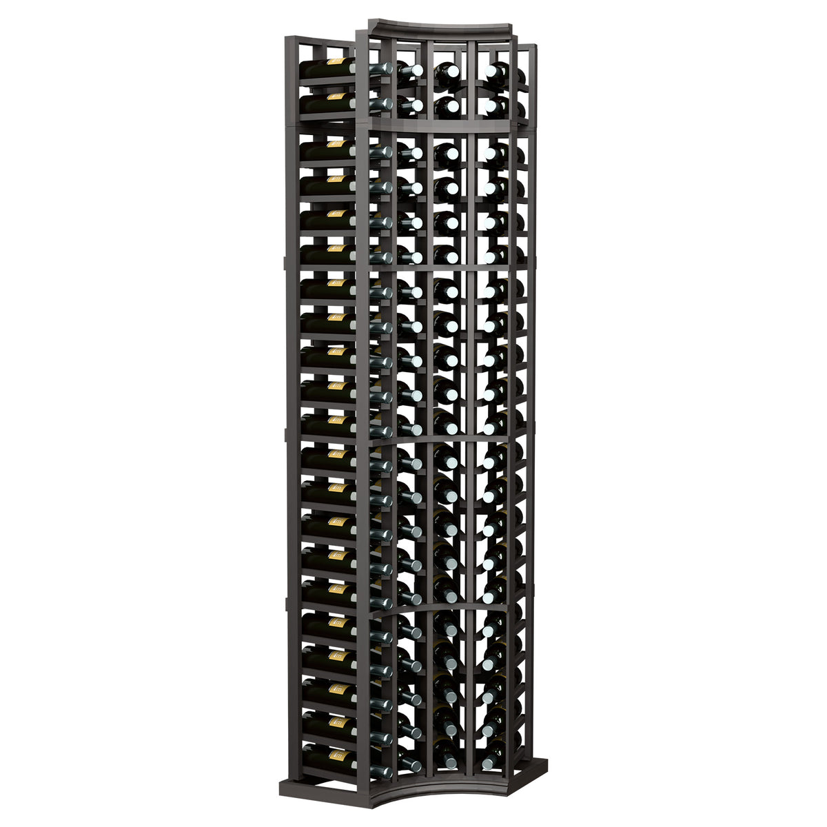 4-column curved-corner wine rack in black wood with black metal bottle holders