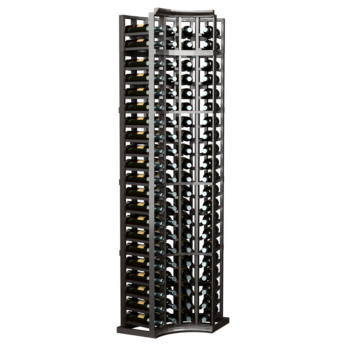 4-column curved-corner wine rack in dark charcoal wood with black metal bottle holders