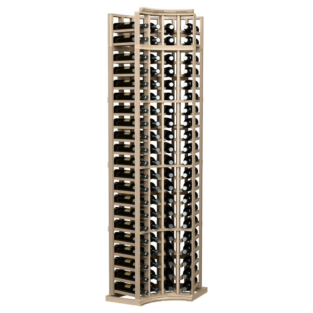 4-column curved corner wine rack with light beige wood frame, holds wine bottles