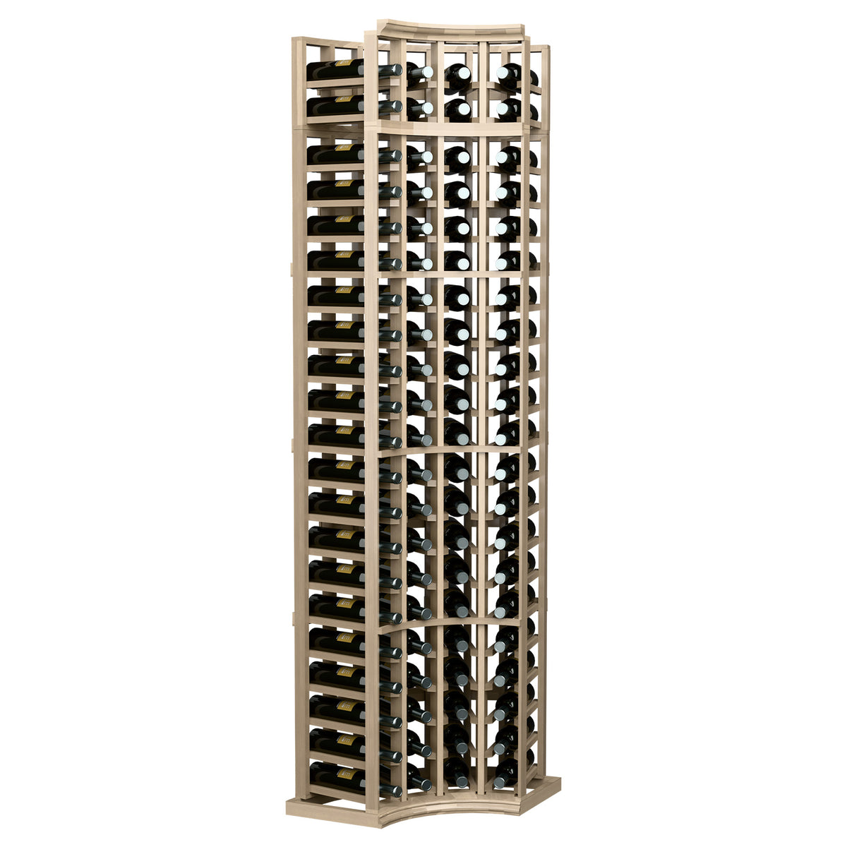 4-column curved corner wine rack with light beige wood frame and bottle storage rows