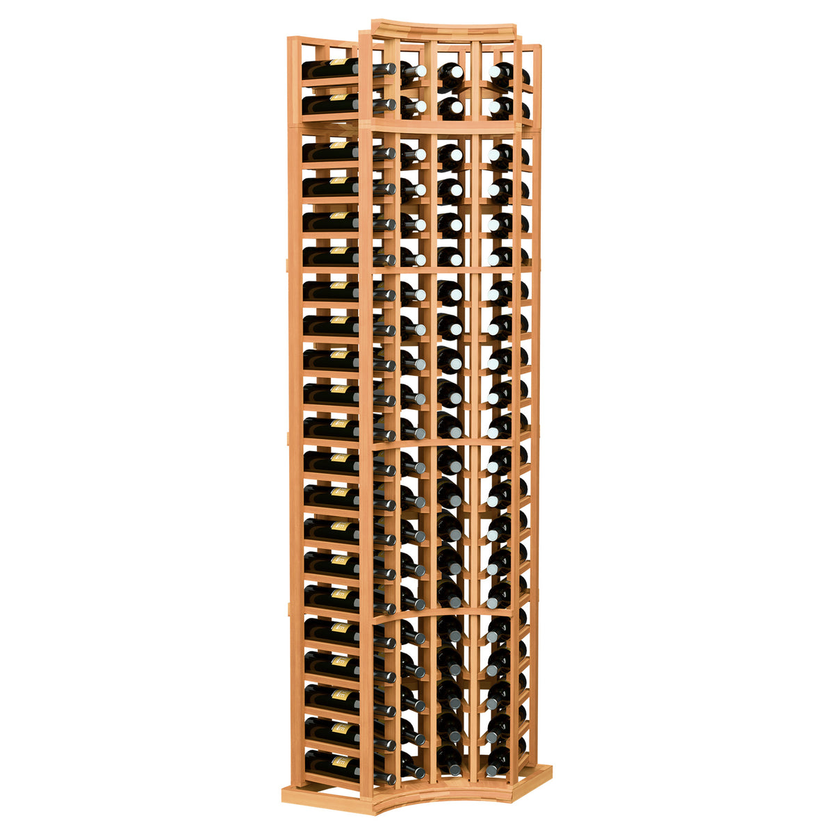 4-column curved corner wine rack with warm wood frame, holding wine bottles in bins