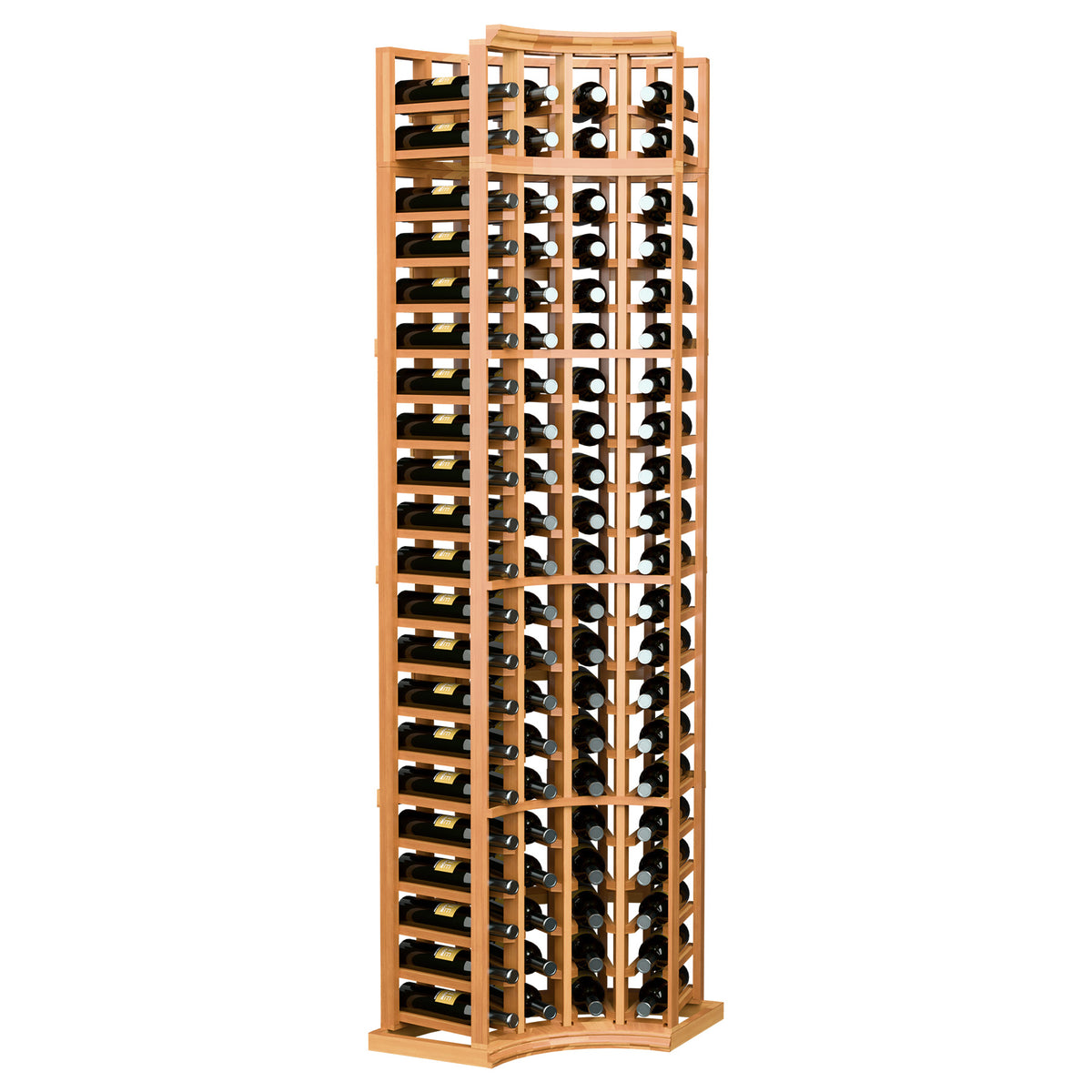 4-column curved corner wine rack with warm wood frame, upright wine bottle storage