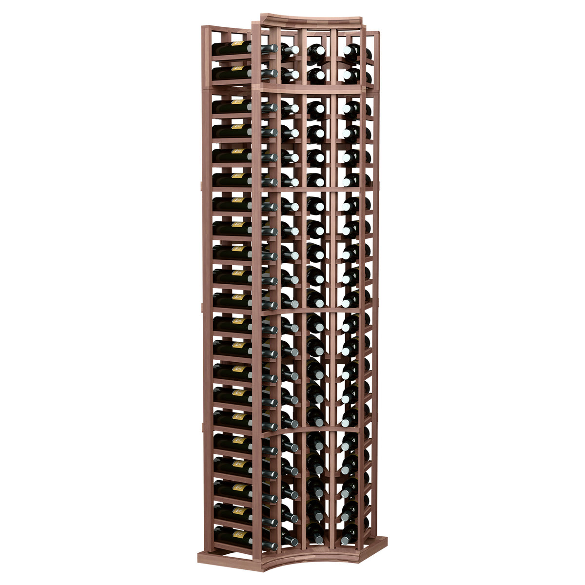 4-column curved corner wine rack with dark brown wood frame, holds wine bottles