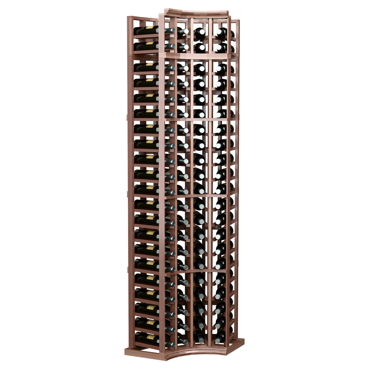 4-column curved corner wine rack with deep brown wood frame and bottle holding slots