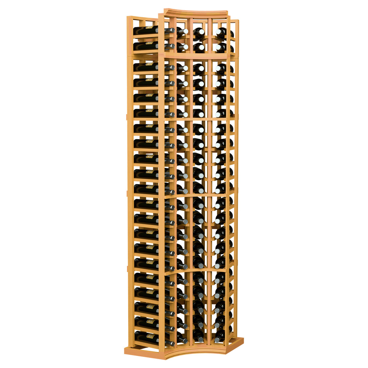 4-column curved corner wine rack with golden wood frame, storing wine bottles