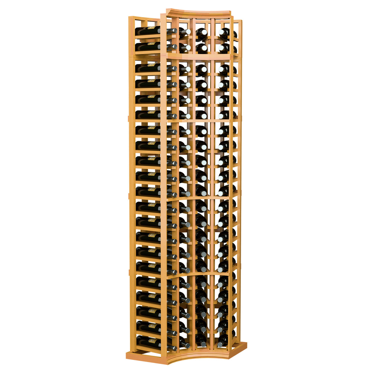 4-column curved corner wine rack with golden wood frame and curved end bottle slots