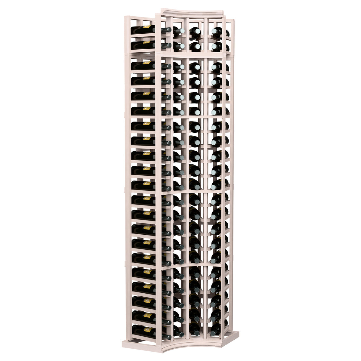 4-column curved corner wine rack with gray wood frame, holding wine bottles
