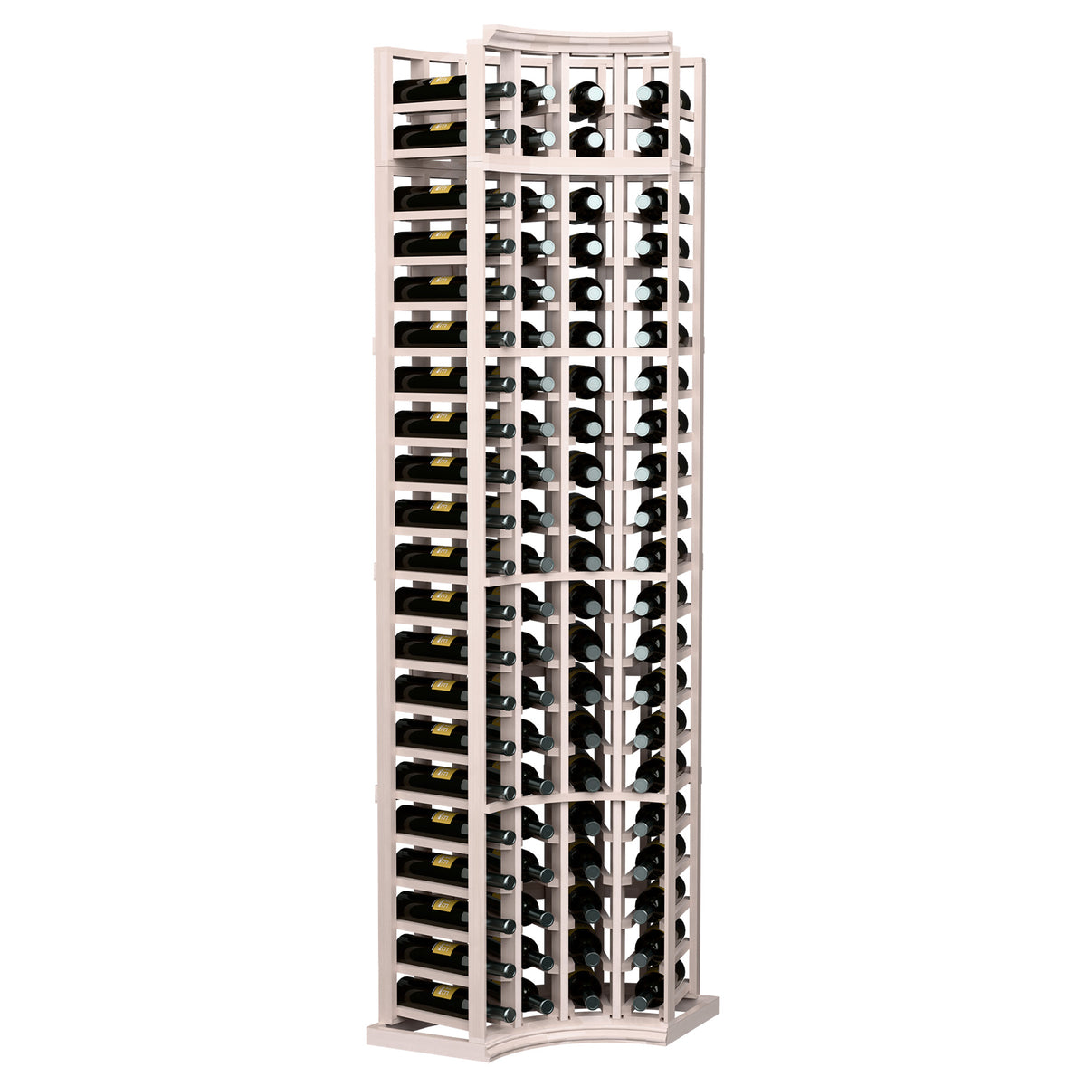 4-column curved corner wine rack with light gray wood frame, bottle storage in columns