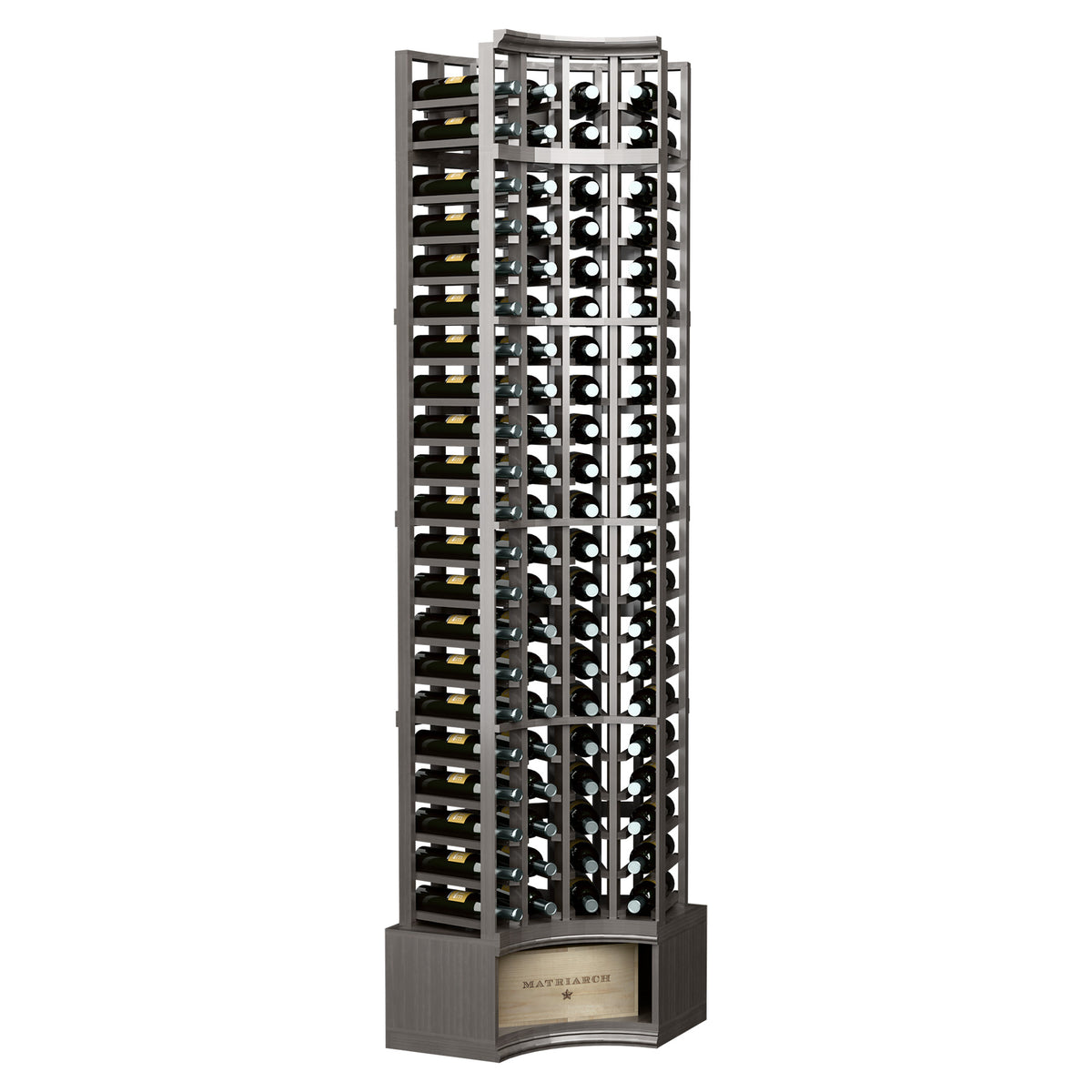 Black 4-column curved corner wine rack with bottle slots and curved top, 8-ft tall