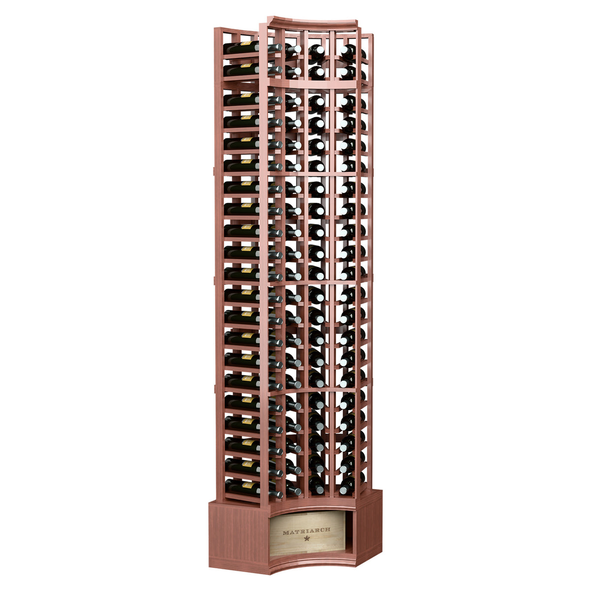 Mahogany-brown 4-column curved corner wine rack with bottle slots and arched top, 8-ft