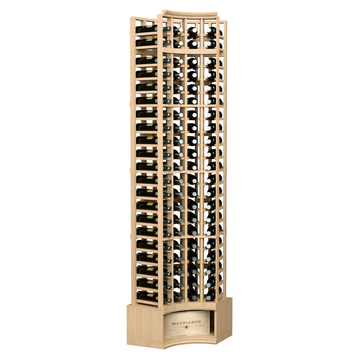Light wood 4-column curved corner wine rack with bottle slots and dark metal grid, 8-ft