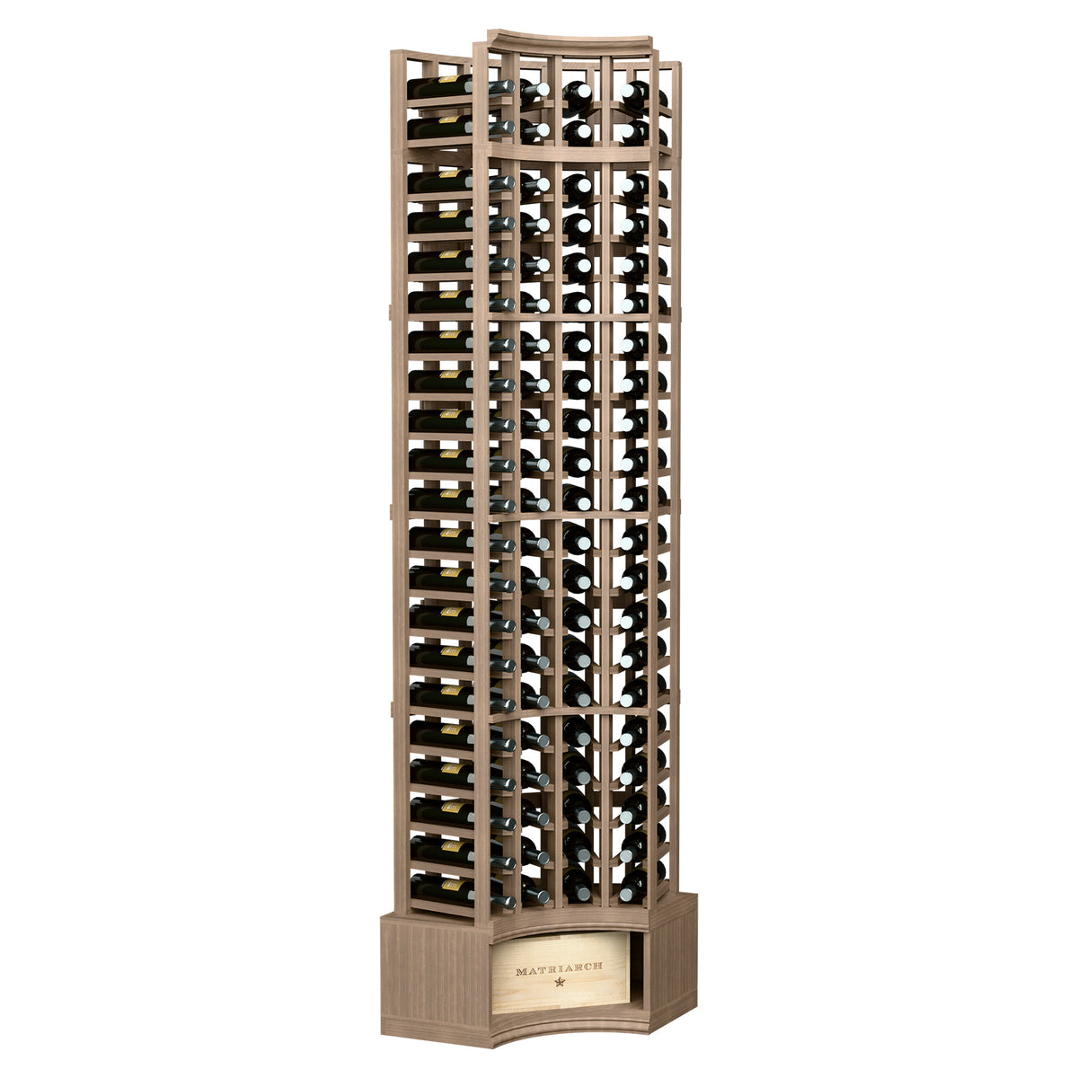 Walnut-brown 4-column curved corner wine rack with bottle slots and curved top, 8-ft
