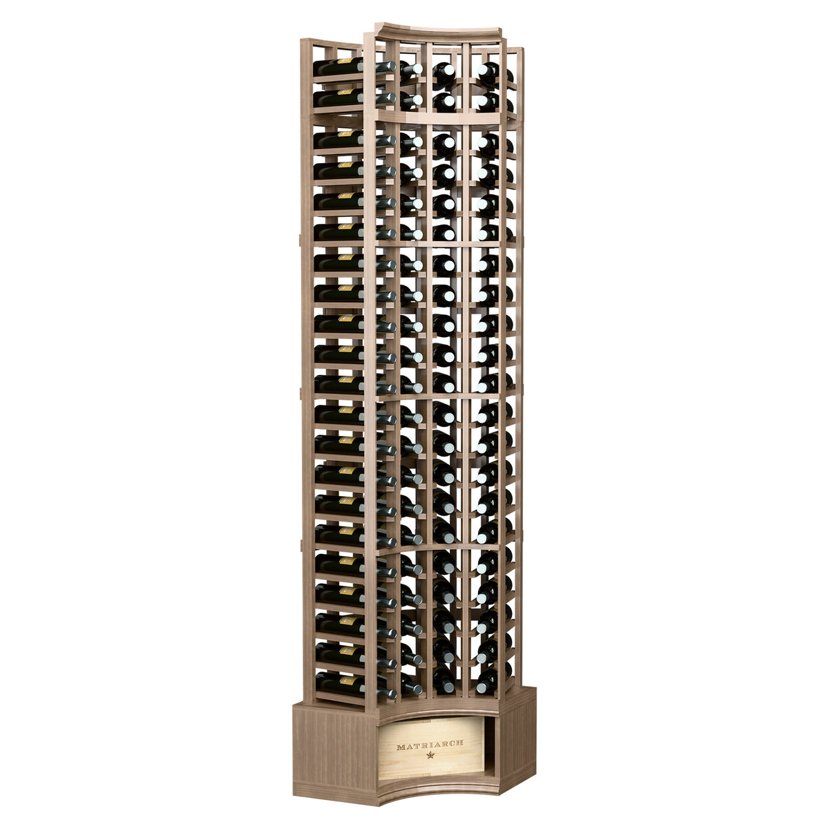 Dark walnut 4-column curved corner wine rack with bottle slots and open grid, 8-ft tall