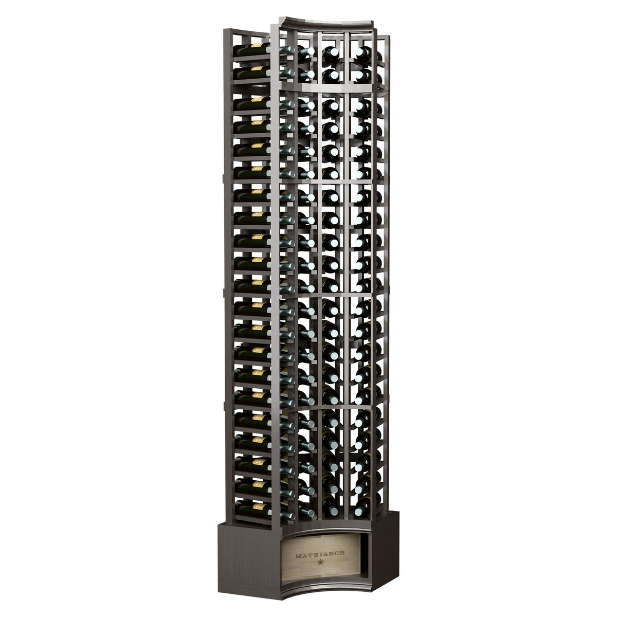 Black 4-column curved corner wine rack with bottle slots and curved top frame, 8-ft