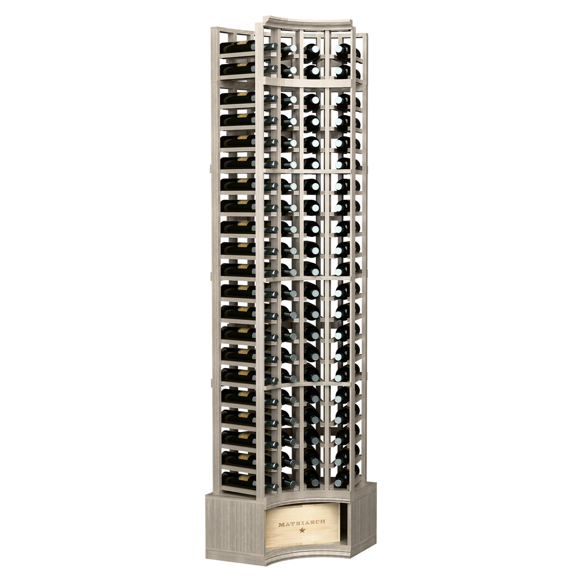 4-column curved corner wine rack with grey wood frame and bottle slots