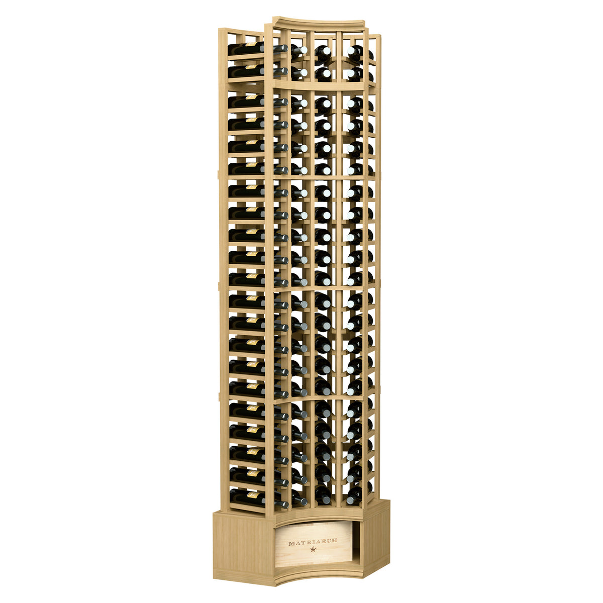 4-column curved corner wine rack with light wood frame and bottle slots