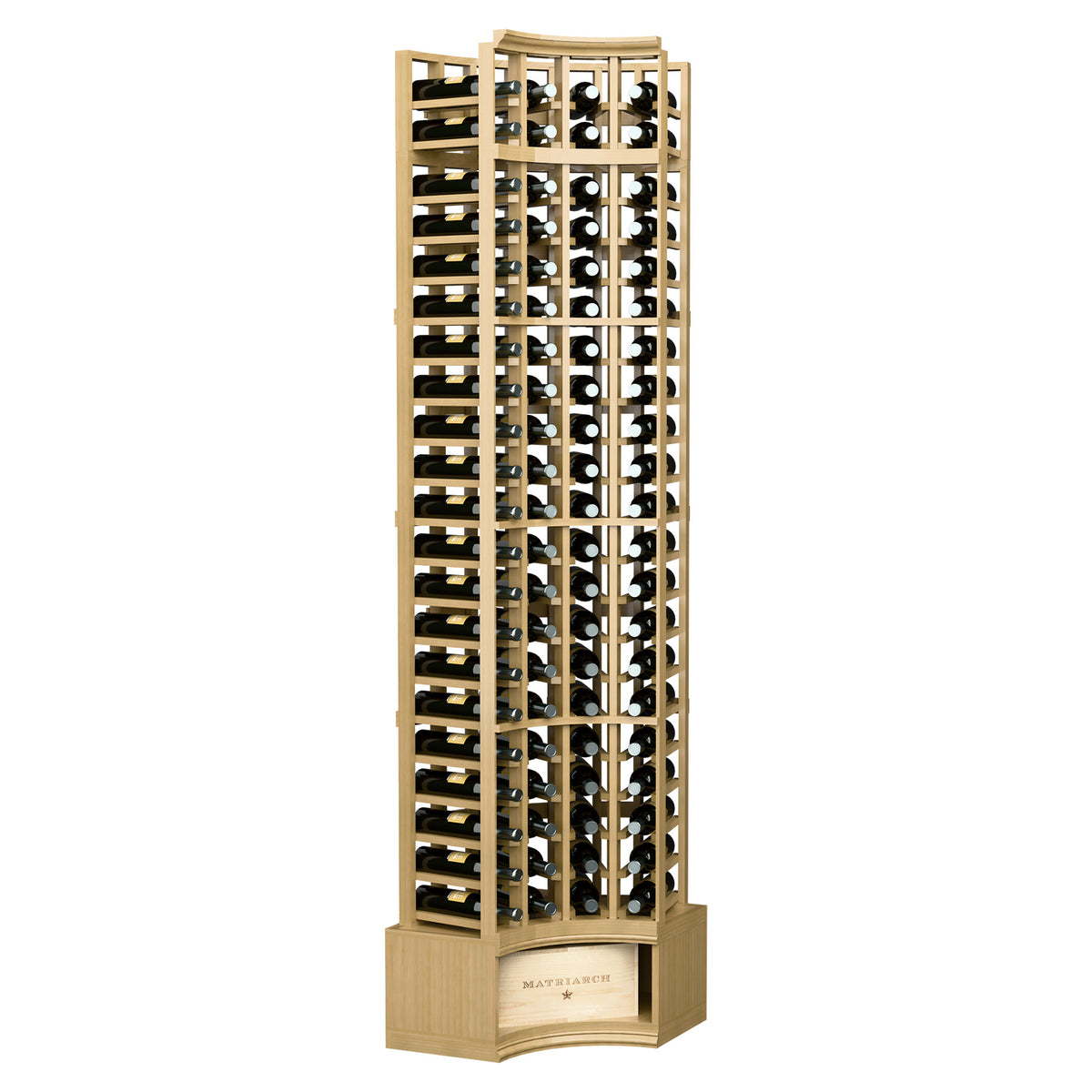 4-column curved corner wine rack with light wood frame and bottle slots