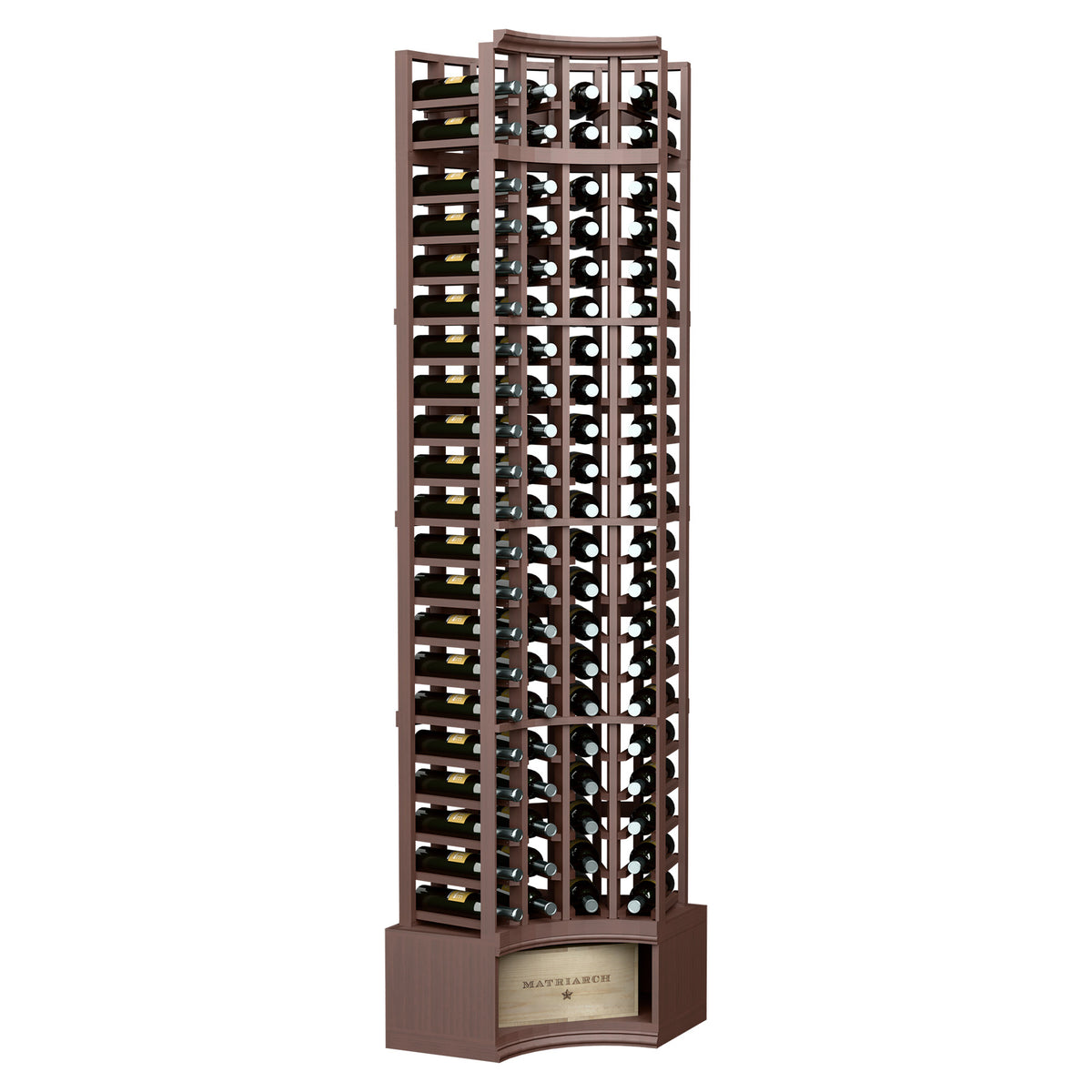 4-column curved corner wine rack with dark wood frame and bottle slots