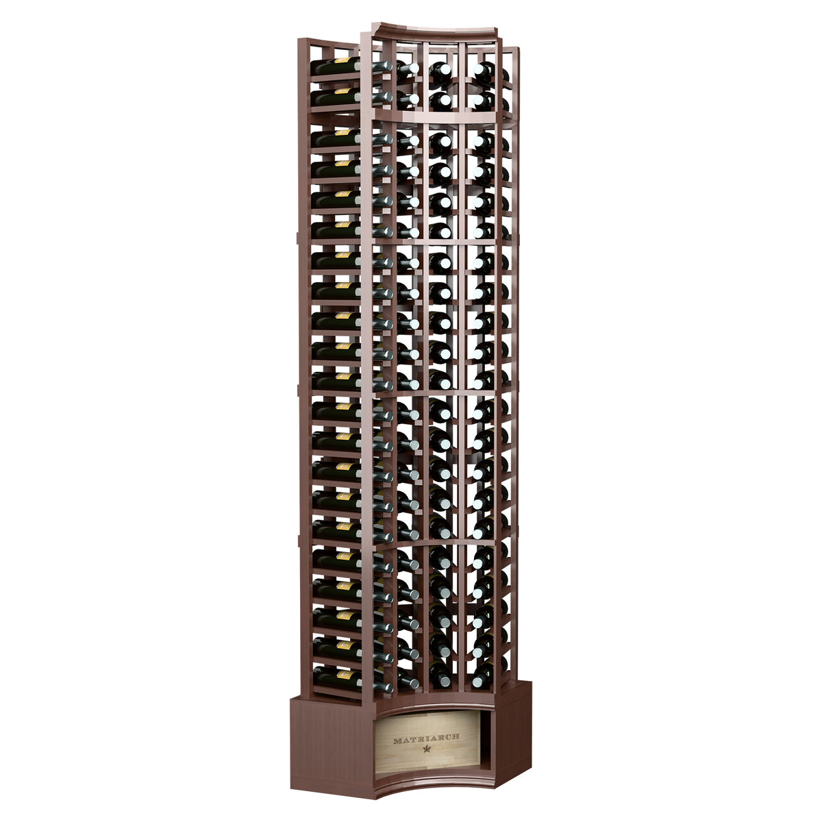 4-column curved corner wine rack with dark wood frame and bottle slots