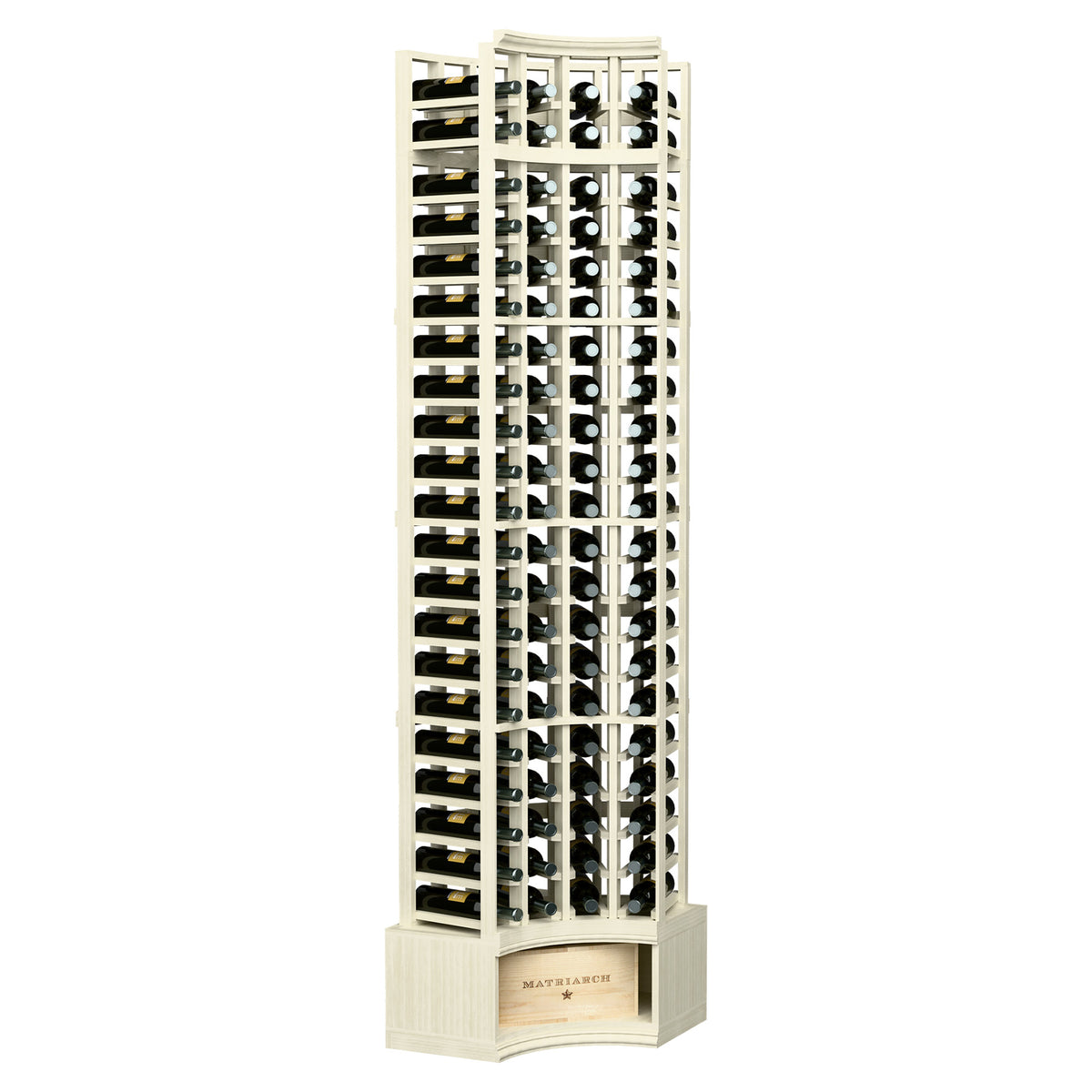 4-column curved corner wine rack with whitewashed wood frame and bottle slots