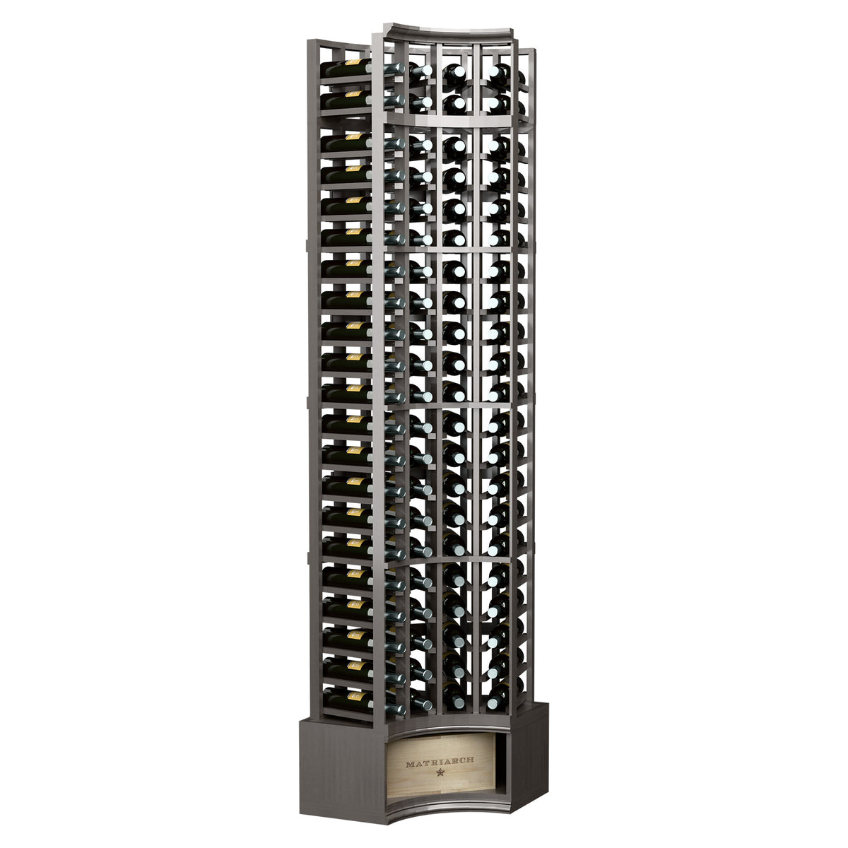 Curved-top 4-column wine rack with black frame and bottle holder slots