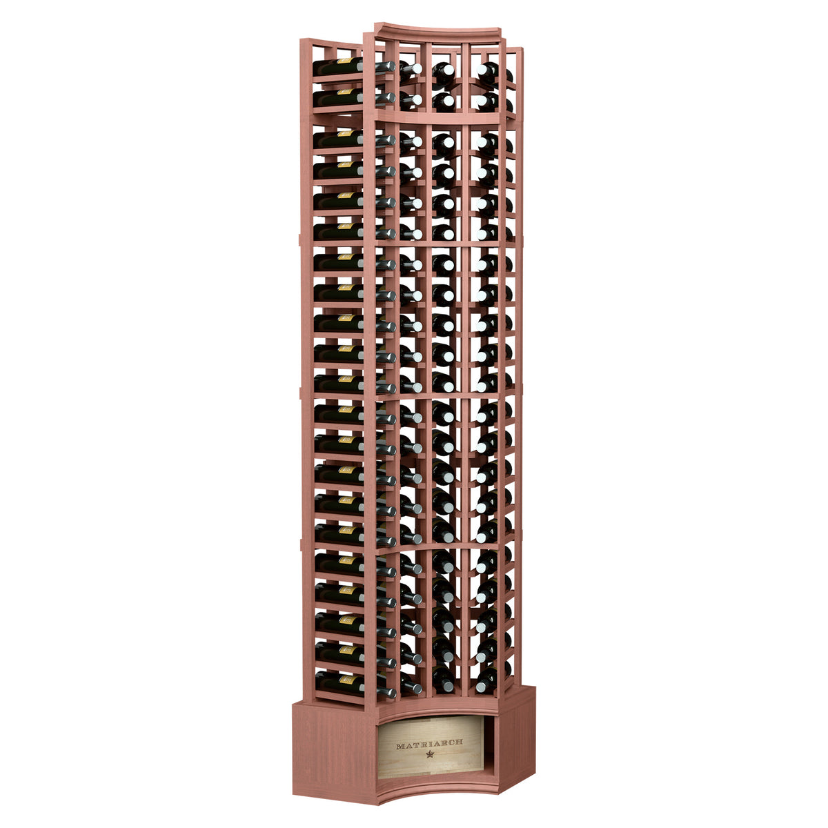 4-column curved corner wine rack with warm brown frame and bottle storage grid
