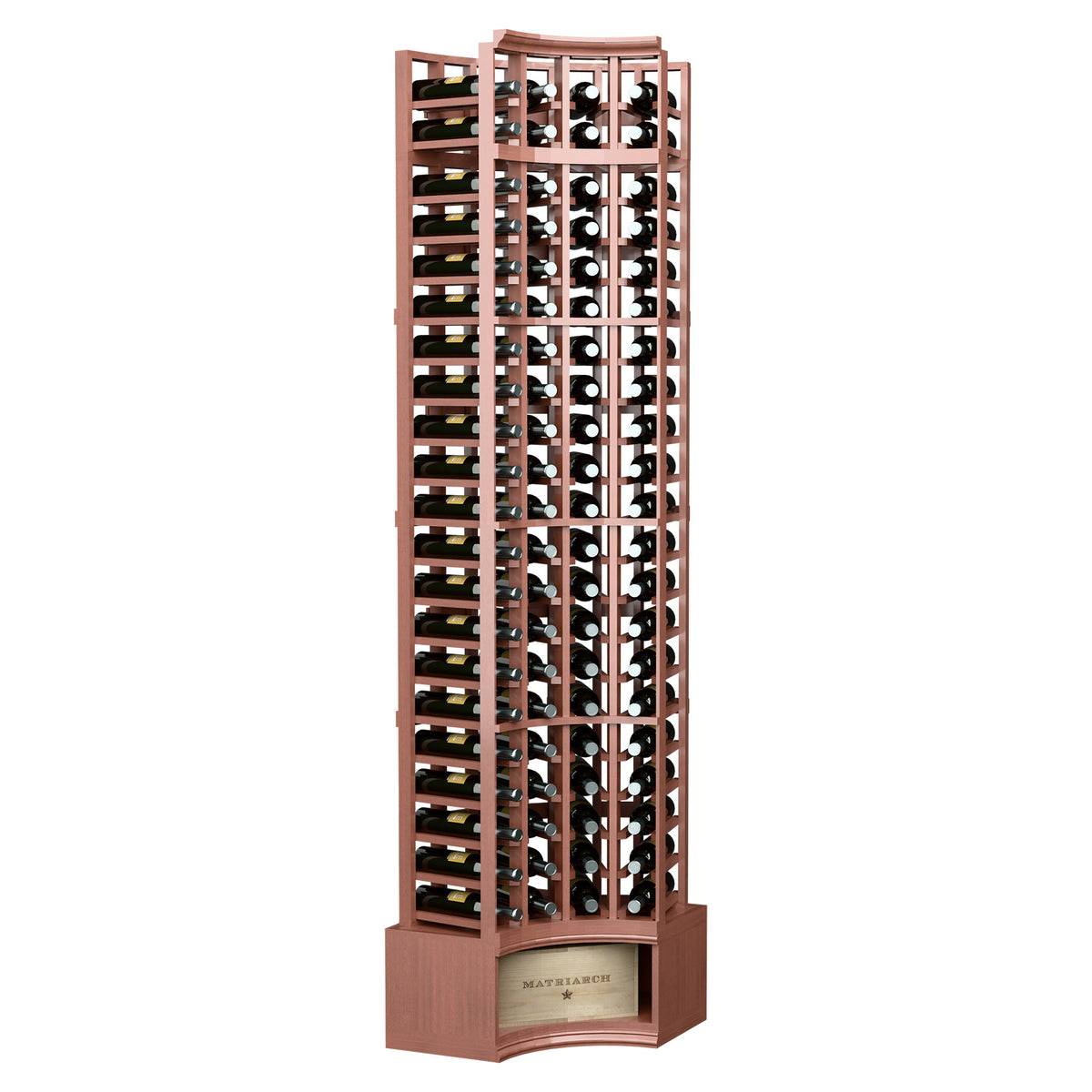 Curved-top 4-column wine rack with reddish-brown frame and bottle holders