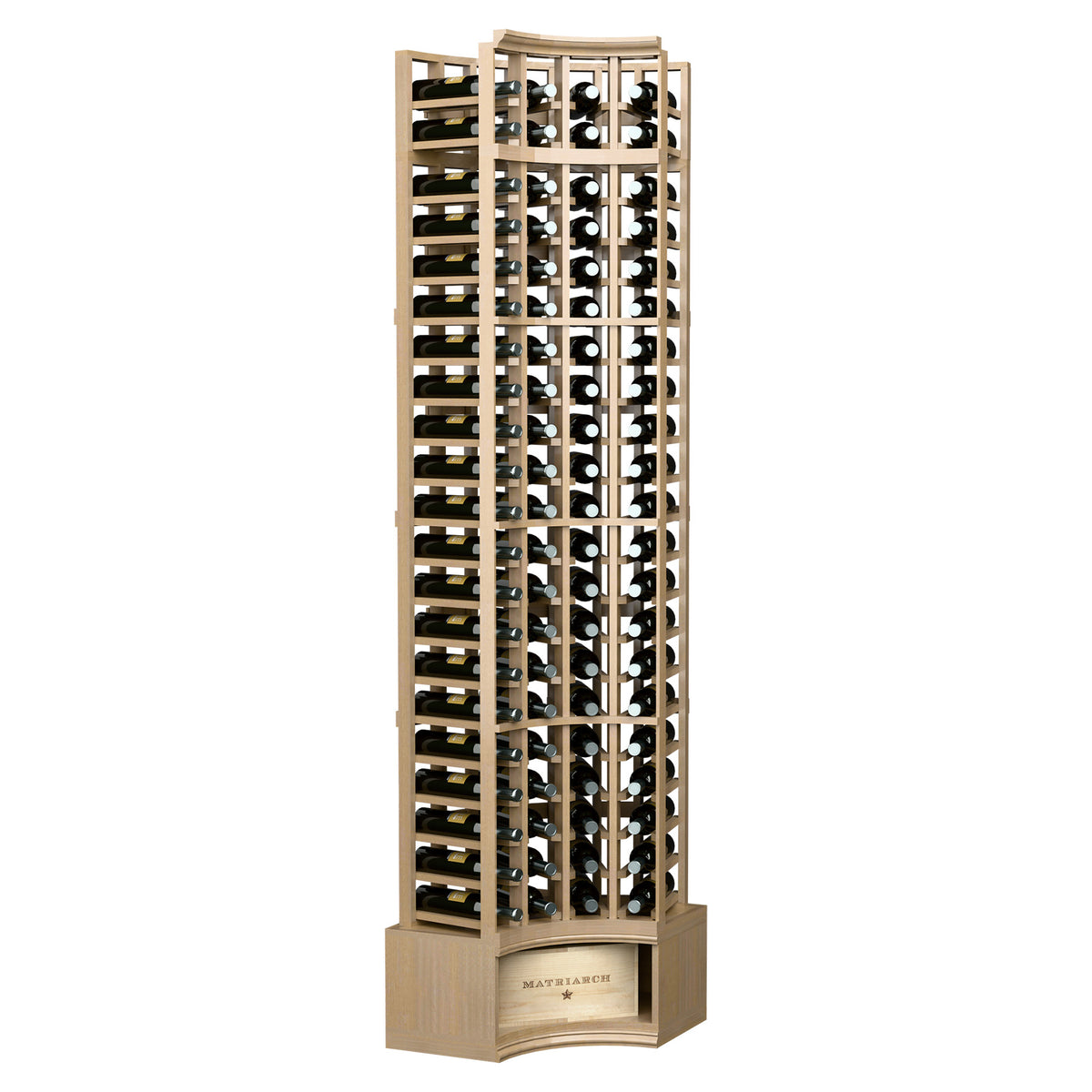 Tall 4-column wine rack with pale wood frame and bottle holder slots