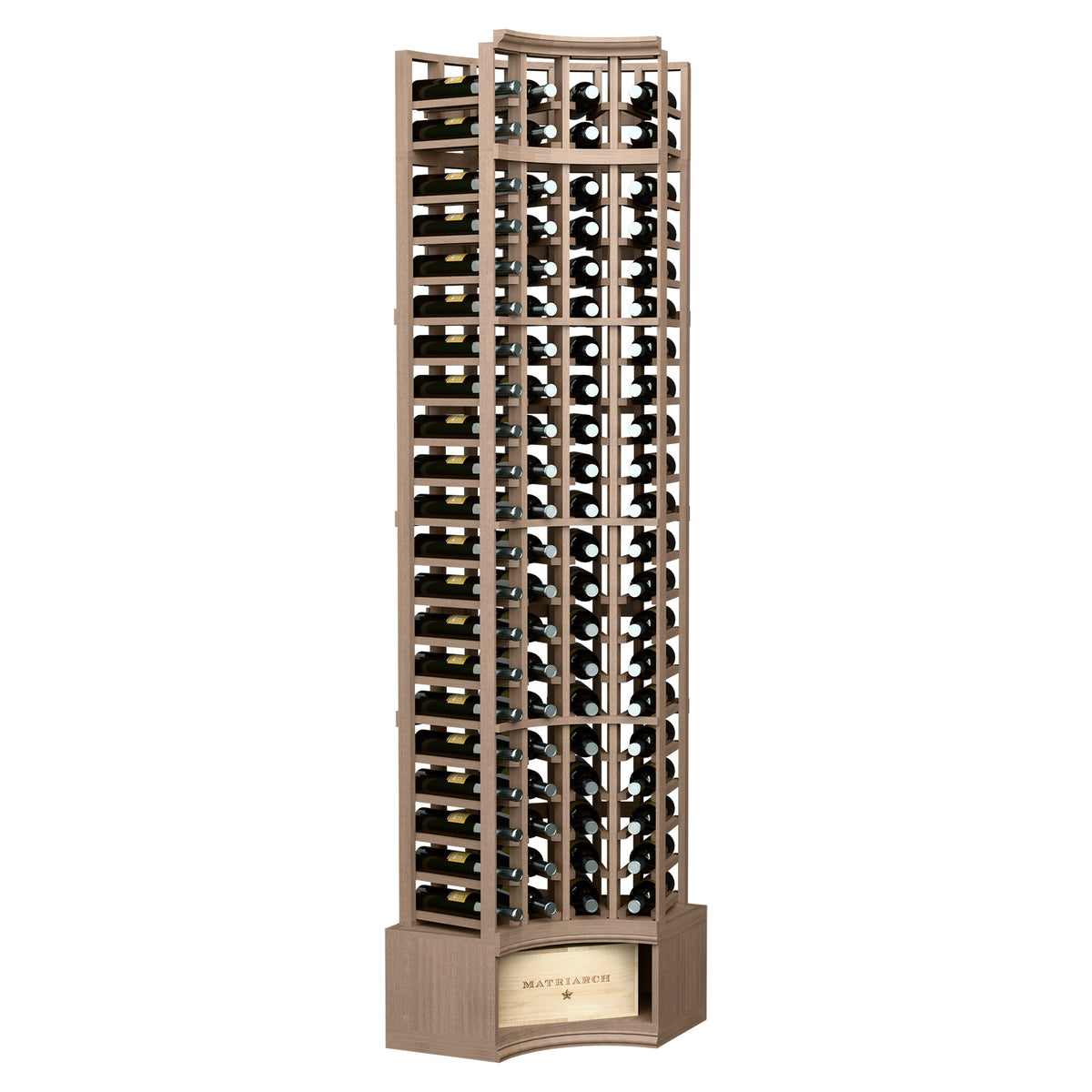 4-column curved corner wine rack with medium brown frame and bottle storage grid