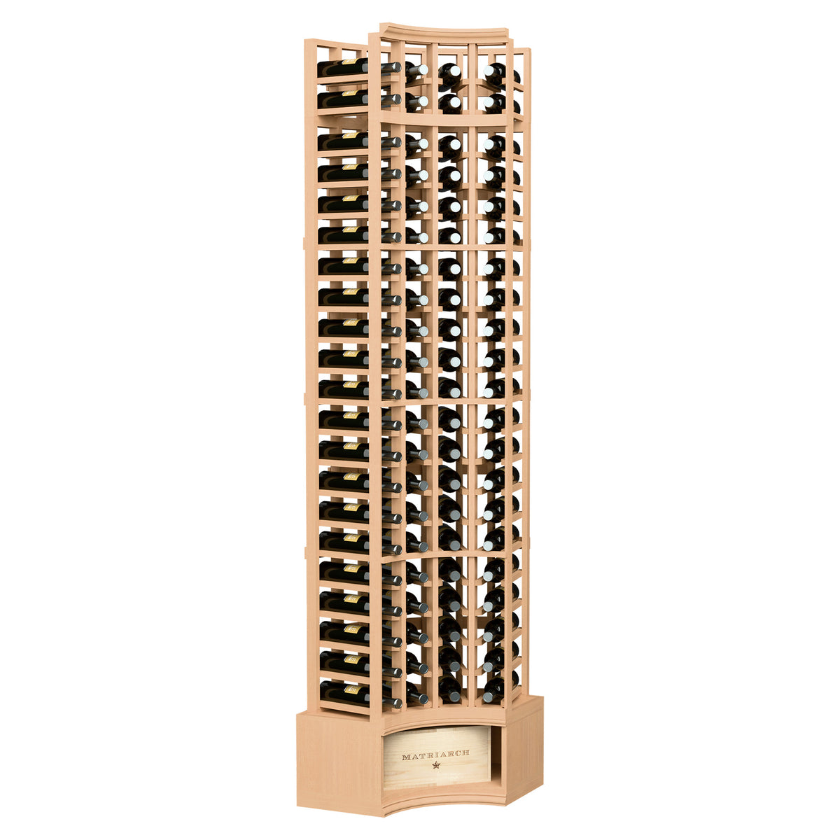 Corner wine rack with 4 curved columns, light wood frame, bottle storage slots