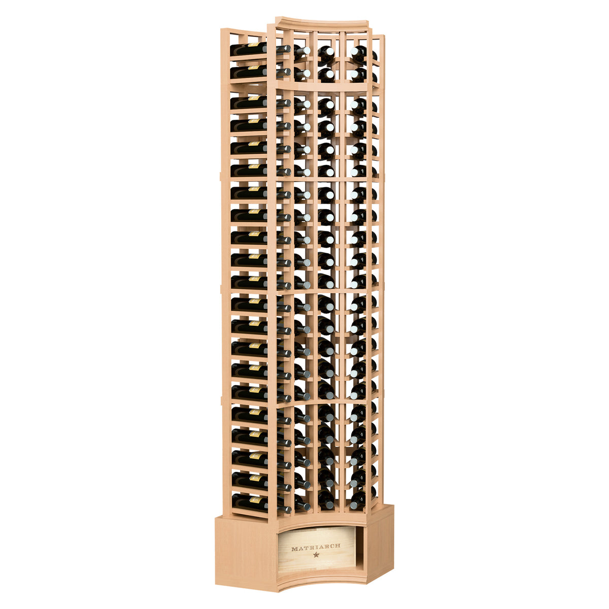 4-column corner wine rack with curved top, light wood frame, wine bottle holders