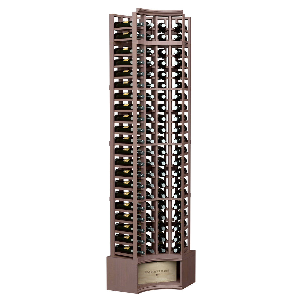 Corner wine rack with 4 curved columns, dark walnut frame, bottle storage slots