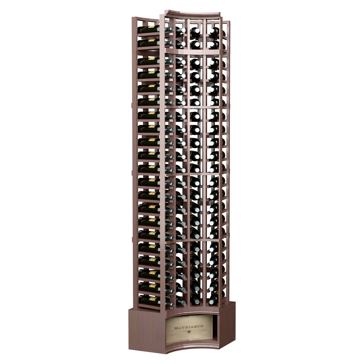 4-column corner wine rack with curved design, dark wood frame, wine bottle slots