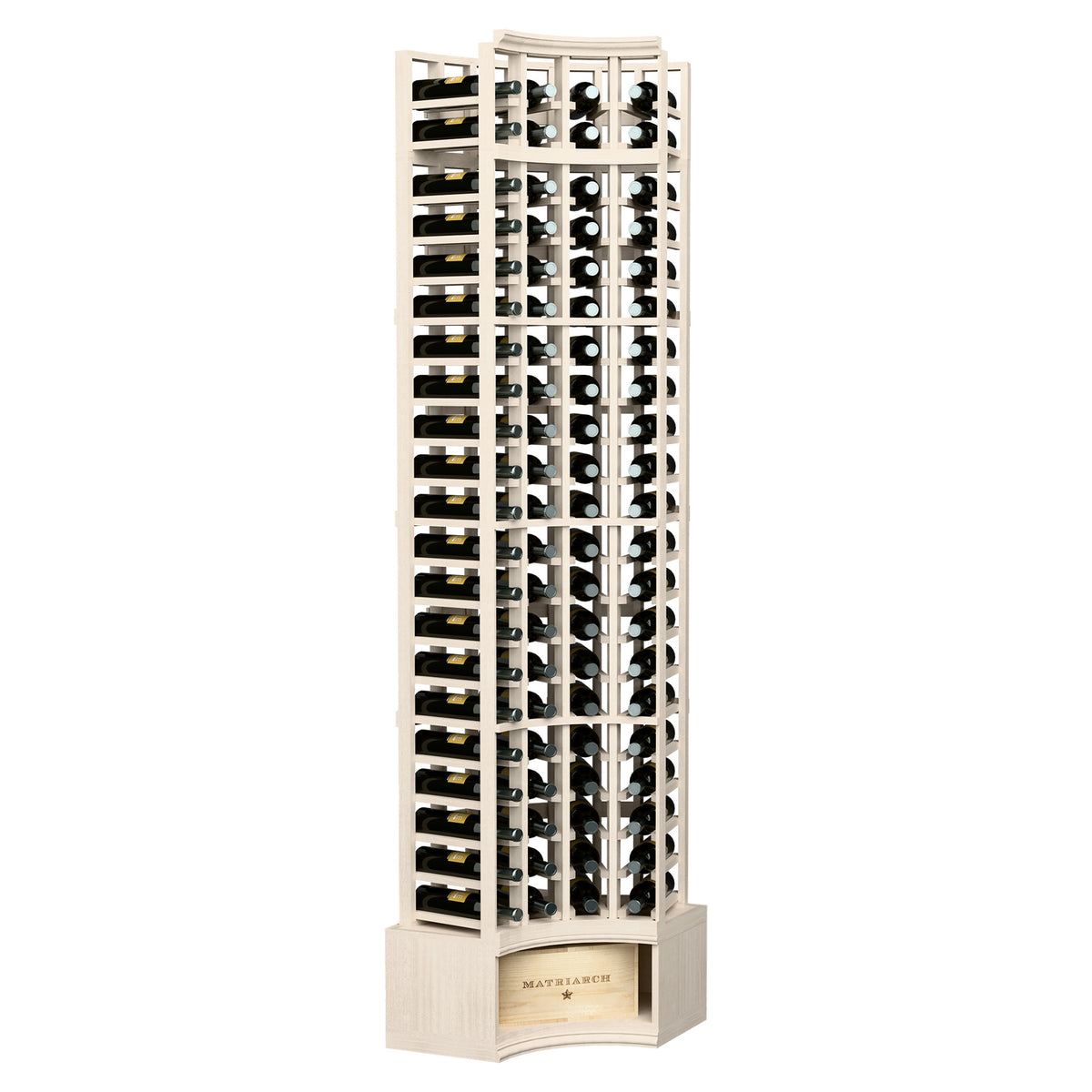 Corner wine rack with 4 curved columns, light wood frame, bottle storage slots