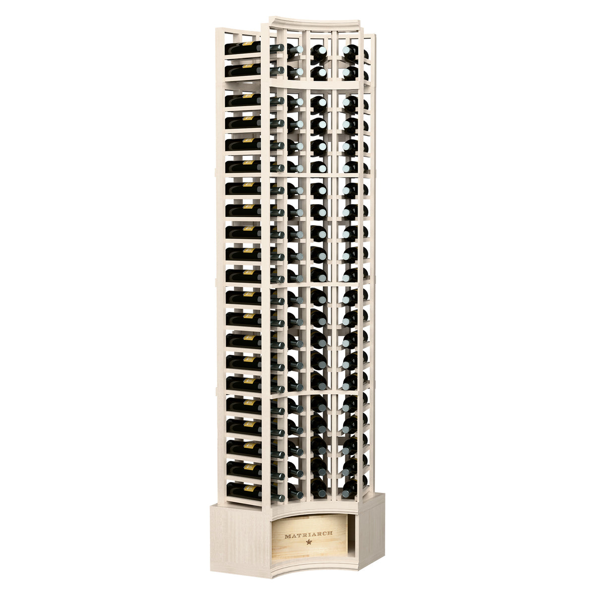 4-column corner wine rack with curved design, light wood frame, wine bottle holders
