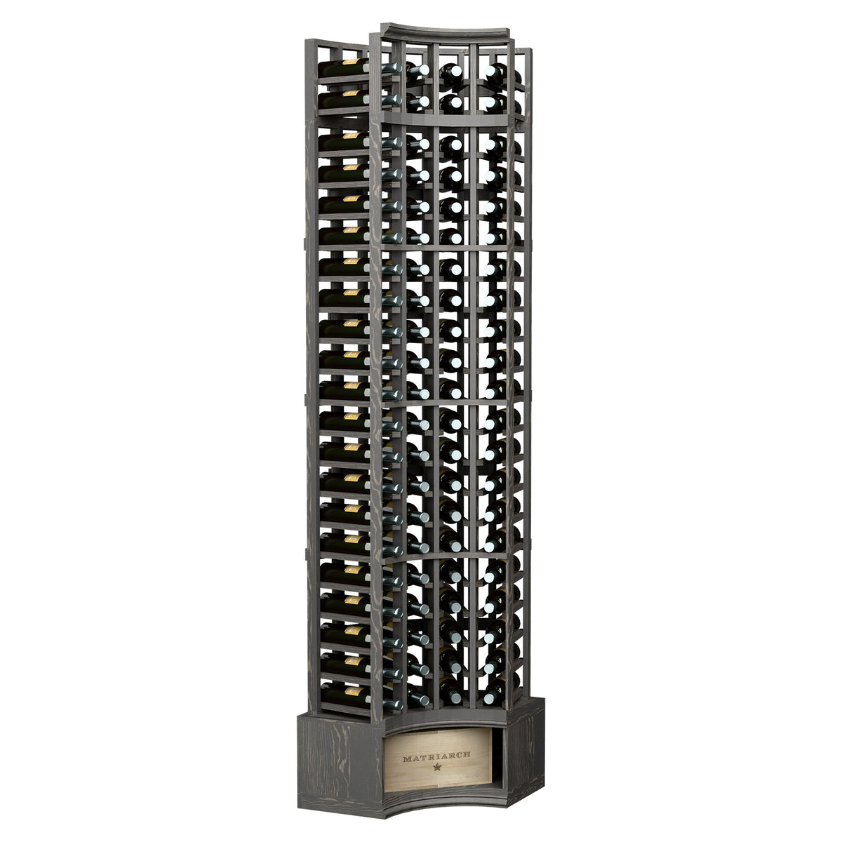 Tall 4-column curved corner wine rack with dark metal grille and wine bottle slots