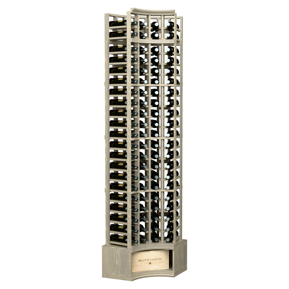Whitewashed 4-column corner wine bottle rack with curved shelves and bottle slots