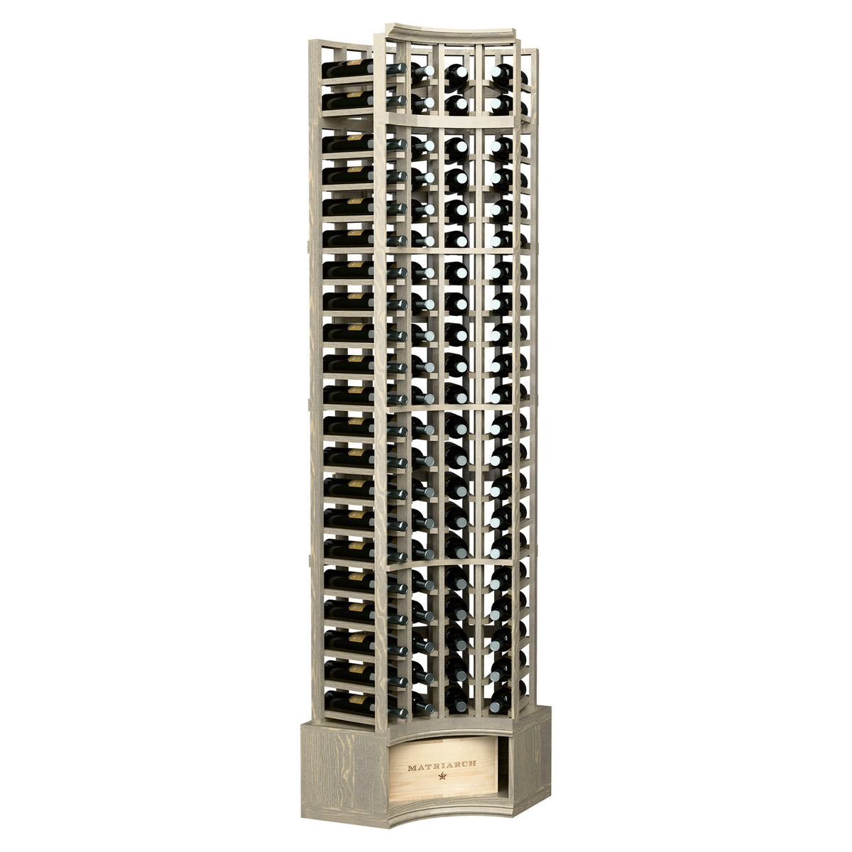 Whitewashed 4-column corner wine bottle rack with curved layout and bottle openings